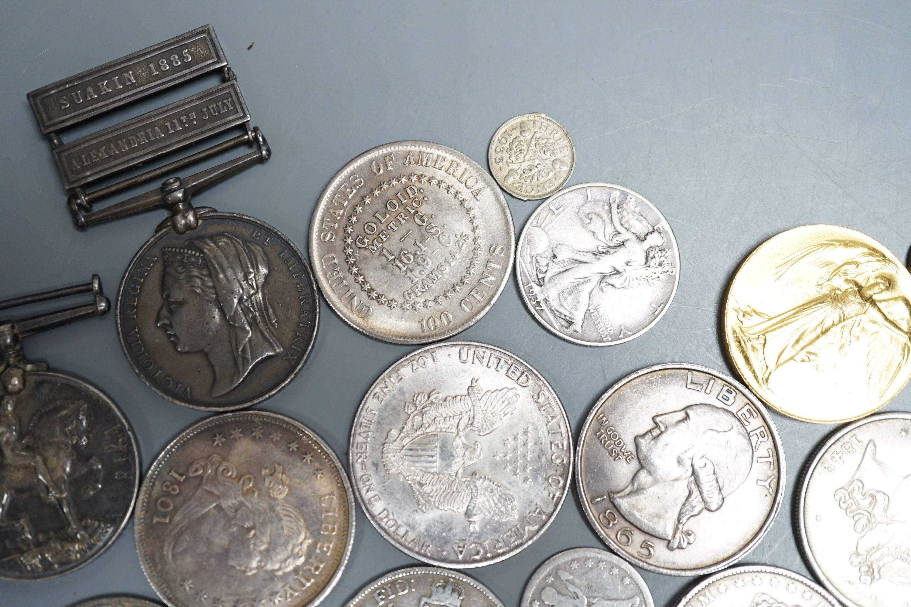 WWI medals including Egypt medal with Suakin 1885 and Alexandria 11th July clasps, to R.F. Hewitt 2nd Capt. HMS Sultan and assorted coinage.